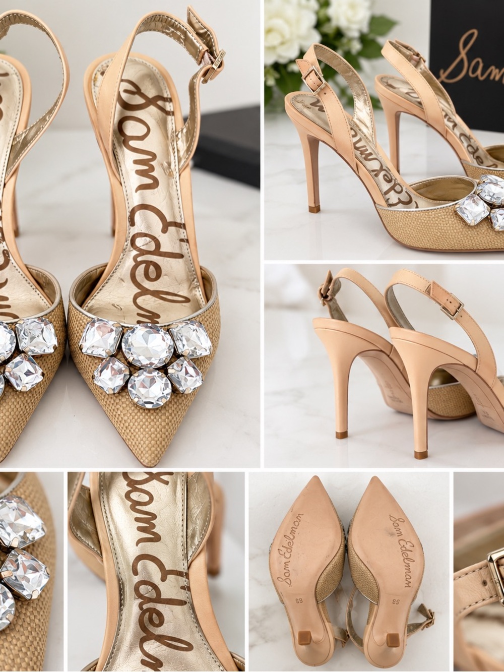 Sam Edelman Nude Jeweled Pointed-Toe Slingbacks